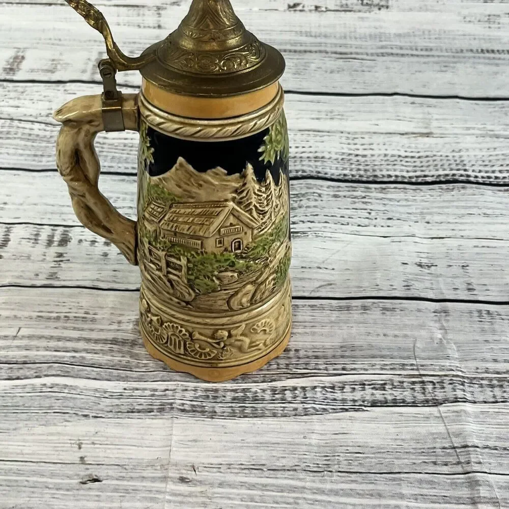 Vintage Ceramic German Beer Stein Swiss Music Box 9.5” Tall Working